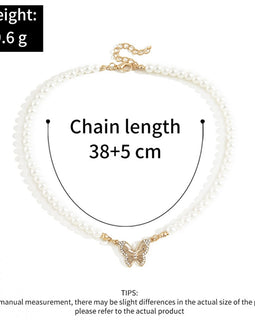 Rhinestone Butterfly Pendant Pearl Necklace
